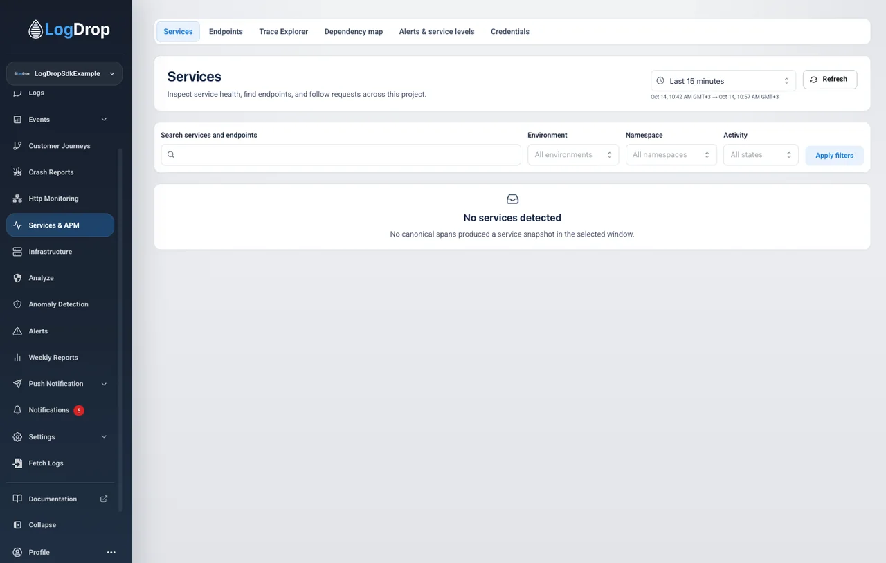 LogDrop Services and APM screen showing service filters and monitoring tabs