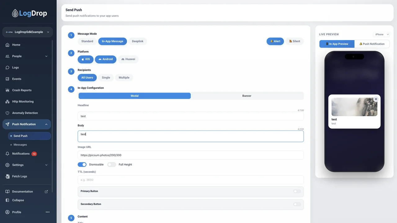 LogDrop push notification screen showing campaigns and delivery